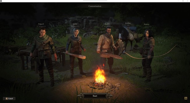 A screenshot of a Wartales adventuring party with a Ranger, Mage, Warrior, Archer, Pack Pony, and Archer!
