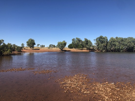 A low, wide river on a bright sunny day with red stones and a few dark green trees