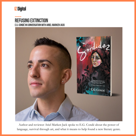 Screenshot from IZ Digital interview with E.G. CondÃ© with interivewer Ariel Marken Jack, feautring the author's photo and the book cover by Paulina NiÃ±o.
