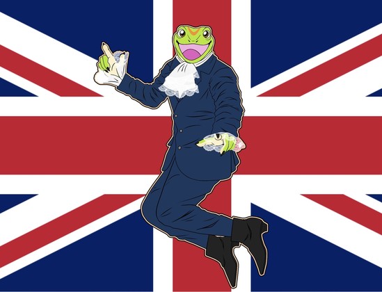 Ian, an anthro Madagascar day gecko, wearing Austin Powers' blue Mod-style suit with white frills and black boots. Leaping in the air in front of a UK flag background. Smashing baby, YEAH! 🇬🇧🤓