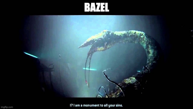 Meme: the Gravemind, from Halo 2, declaring itself "a monument to all your sins." The Gravemind is labeled "Bazel."