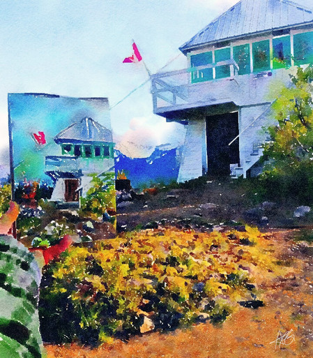 A watercolor painting of a scene of a fire tower on the top of a mountain is shown in the background of someone holding out a painting of the same scene. There is a Canadian flag blowing in both scenes.