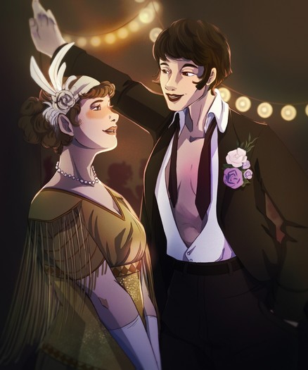 Digital painting of two women - one in 1920's flapper attire, and one in a dapper suit, open at the chest, with a white and lavender corsage. The taller woman in the suit leans casually over her companion with a suave look.