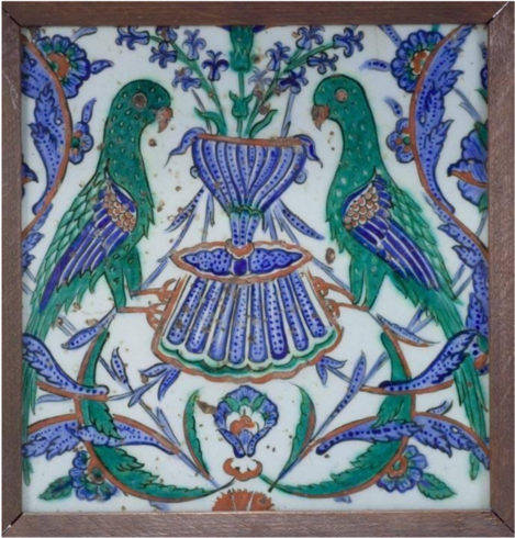 official museum photo of the tile, Iznik style, symmetrical design depicting two green parrots with red/white/blue wings facing each other surrounded by floral designs