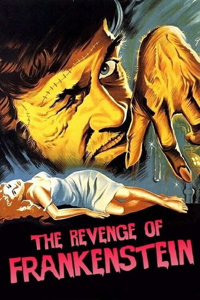 Affiche Dessin du film, La créature du Docteur Frankenstein qui fait peur et une femme allongée au sol