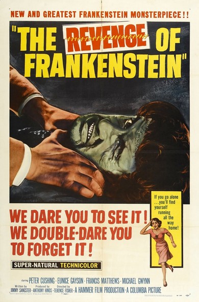 Une autre affiche du film, la créature du docteur Frankenstein est étranglée. Dessin et texte vintage