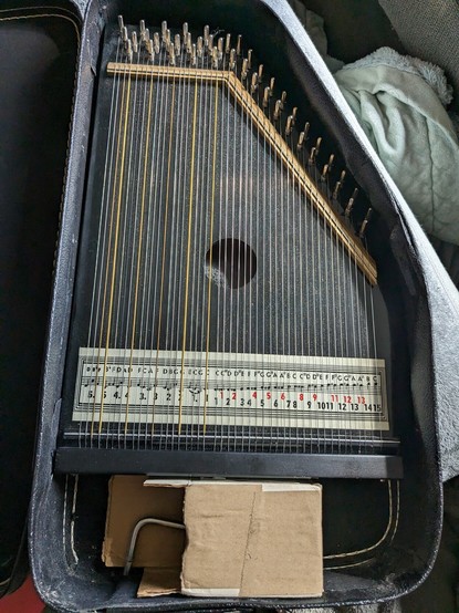 A chord zither, a stringed folk instrument of vaguely trapezoidal shape, with chord strings for the left hand and melody strings for the right. A cardboard box with a tuner peeking out is below it.