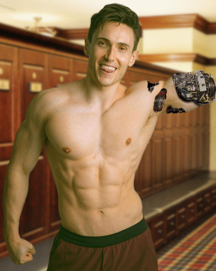 A shirtless android stands in the locker room with its smooth abs and pecs on display. Its left arm is damaged and missing below the bicep. Robotics show underneath the skin as it smiles and tacitly sticks its tongue out like it enjoys being damaged