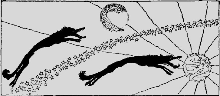 Sköll and Hati chasing the sun and moon (“Far away and long ago,”by Willy Pogany, 1920).