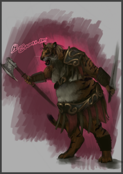 digital illustration of a roaring anthropomorphic tiger wearing barbarian attire,wielding a sword and an axe