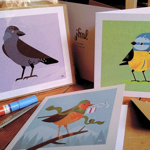 More close-up photo of the cards, the birds are a jackdaw, blue tit and a robin.