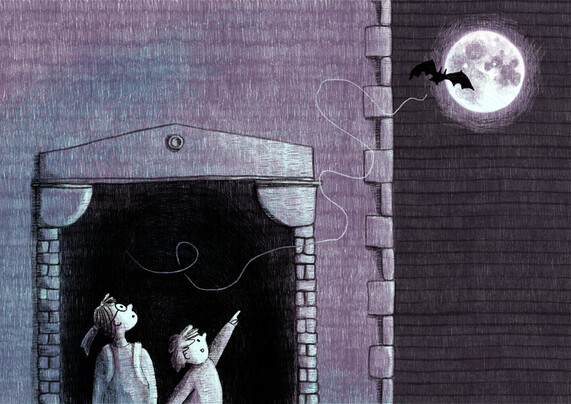 Illustration of two children at the mouth of a tunnel looking up at a bat flying towards the moon