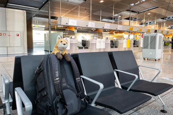 A red fox plushy sitting on a backpack at a terminal at Frankfurt airport