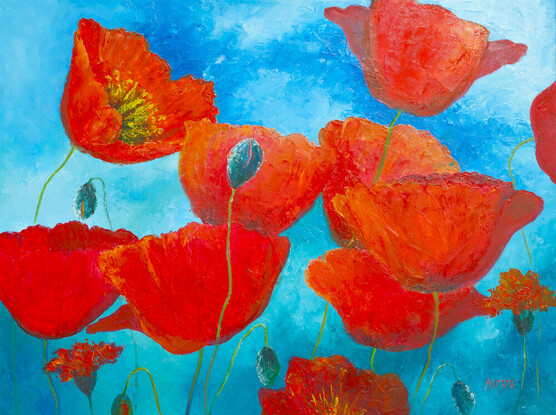 An impressionist oil painting of a garden of graceful bright red poppies on a blue background.