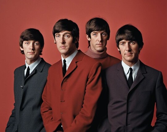 60 band art: quartet, three in red or dark grey suits, fourth in background with pinkish-red pullover, mop--top hair, red background