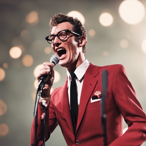 Very good Buddy Holly lookalike, red jacket, black tie, singing into mic