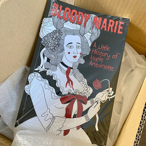 The cover of a comic called Bloody Marie, by artist Sue Todd. It shown sitting in it's delivery box and wrapped in cellophane.