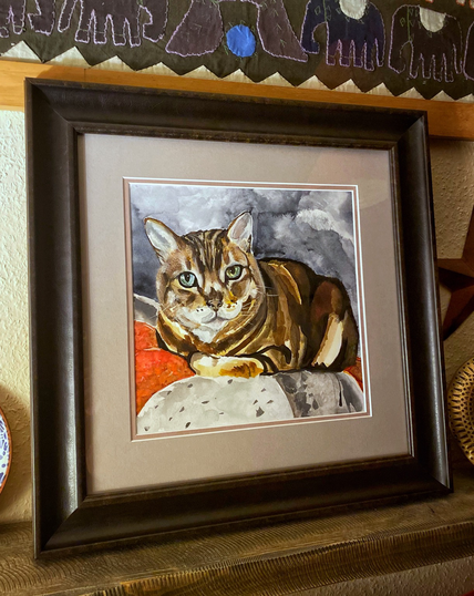 Watercolour painting of our bengal cat Pi by Holly Sellers.