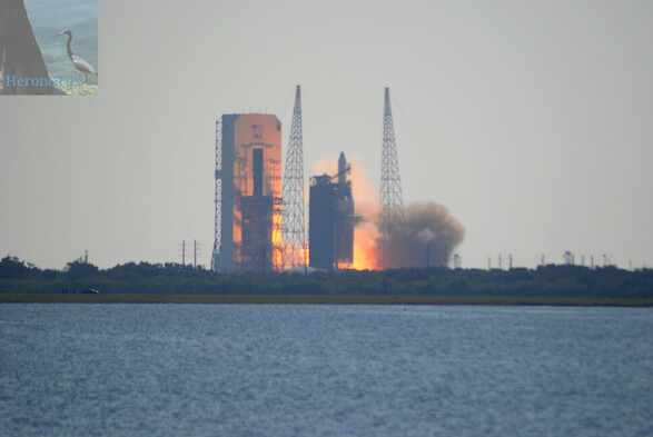 An outdoor, daytime photograph of a Delta 4 Heavy rocket, a triple-cored rocket with cylindrical, orange cores and a white cylinder and fairing above that. The rocket is beginning to rise off its launch pad and the bright flames and exhaust of the engines builds up behind the rocket. In front of it there is a gray, truss-work tower that has truss umbilicals that are retracting away from the rocket. Two tall, truss towers flank the rocket, and a tall, rectangular building with cut-outs designed to hold the rocket sits behind it.  Green scrub, grass, and blue water separate the camera from the rocket.