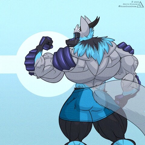 Furry art of the character Kayne. Kayne is an anthropomorphic dragon-wolf hybrid with a mix of fur and scales, and in this picture he is especially large and muscular.

Kayne is facing away from the viewer and flexing one arm. He is glancing back over his shoulder and smiling at the viewer.