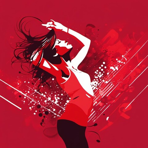 Dance art: cartoon, red, white and black, woman with dark trousers, white top, long hair, dances, arms aloft, head back, artistic background of red with some white