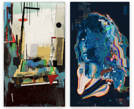 Two images side by side.

On the left an abstract digital painting of the back of a yellow car in an alley. The shapes consist of just a few geometrical shapes, the sky is white, the road under the car is nearly black.

On the right a glitched portrait of a woman in 3/4 view on a black canvas. The outline of her waving hair is exaggerated by multi-coloured glitch lines, the portrait is rendered in a blueish monochrome tint. Half of the woman's face is covered by pixel noise. Her visible eye is white and has no pupil.