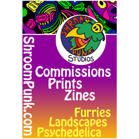 Banner showing off logo and pattern artwork for this artist. Commissions, prints zines, psychadelica and more!