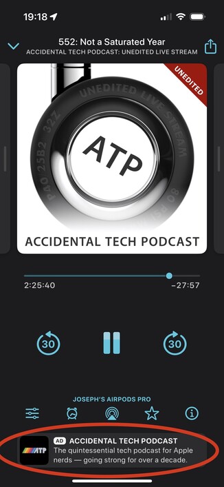 Screenshot of the overcast podcast player displaying an ad for the free version of a podcast I’m already paying for.