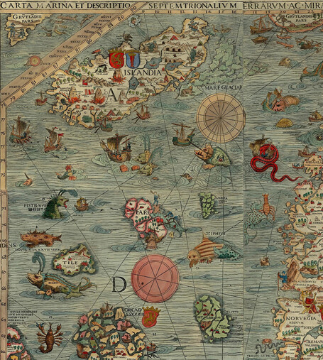 A detail of the Carta Marina, showing Iceland, Norway, the Faroe & Orkney Islands, with sea serpents & dragons & walrus-like creatures grappling with smaller ships attempting to harpoon & kill them. One ship is disappearing into a whirlpool; a giant lobster holds a man in one claw. The Wikipedia page links to a full image with higher resolution, & explains how the map's existence was rediscovered.