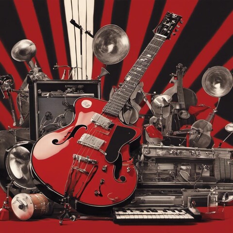 Music art: red guitar amongst variety of other instruments and equipment
