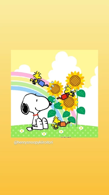 Snoopy neben drei Sonnenblumen vor einem Regenbogen. Drei Woodstocks begießen die Pflanzen fliegend aus kleinen bunten Gieskannen