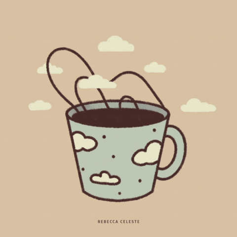 Illustration of a mug with clouds on it. It is surrounded by clouds.