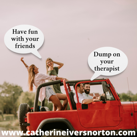 Four people are having a good time in a red Jeep Wrangler with the top down. A woman says, "Have fun with your friends." A man says, "Dump on your therapist."