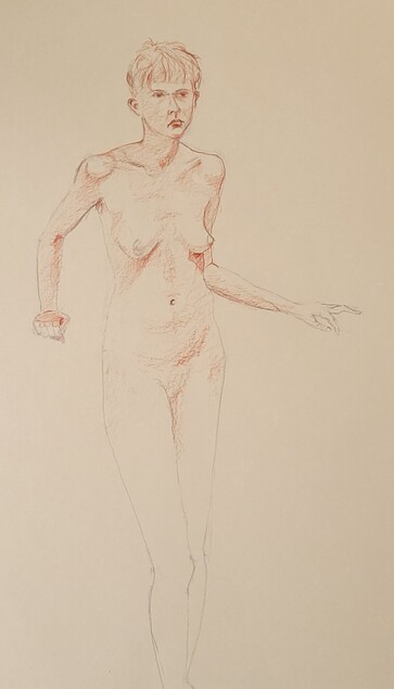Nude figure standing, drawn with sanguine pencil