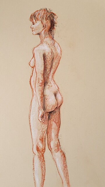 Nude figure standing, drawn with sanguine pencil and conté crayons