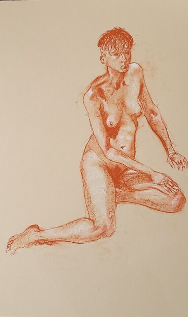 Nude figure seated, drawn with conté crayons