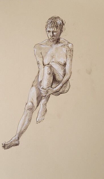 Nude figure seated, drawn with charcoal pencil and conté crayons