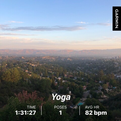 Photo of landscape with yoga stats: time: 1:31:27; average heart rate: 82 bpm