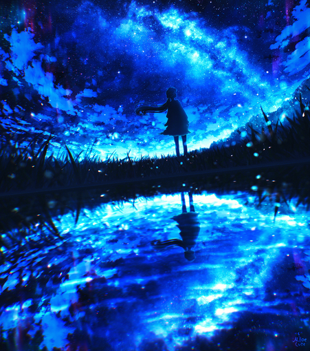 A digital drawing on night landscape background with standing girl and reflection water, milky way