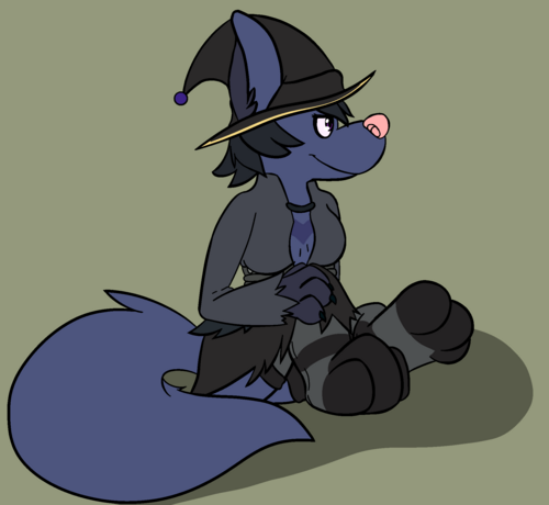 A blue nonspecific canine witch, wearing a somewhat droopy pointed hat and dark clothes, also some striped socks, sitting and looking off into the distance. She is resting one of her hands on her knee.