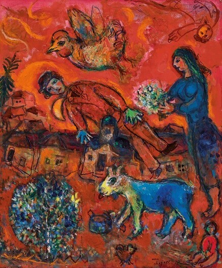 Marc Chagall, Les amoureux au village sur fond rouge (1971)