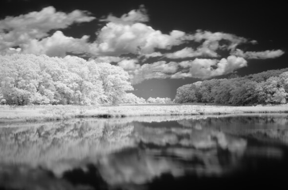 This wide-format monochromatic image captures infrared light with a digital camera. The blue sky is rendered as very dark by the filter, and it is being crossed by fluffy clouds especially at the left. In the middle left, the sun-warmed spartina and trees glow brightly. The trees and clouds are reflected on the still waters of the tidal estuary at high tide.