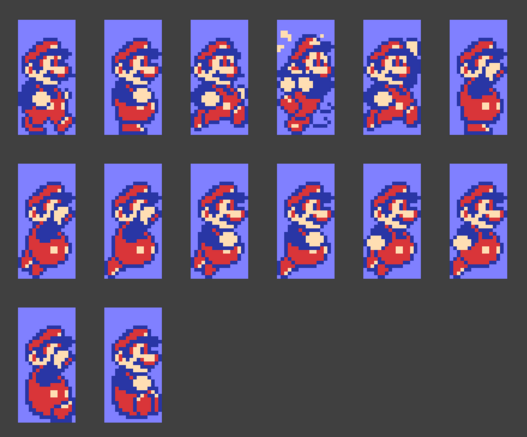Sprites of Super Mario wearing red overalls.