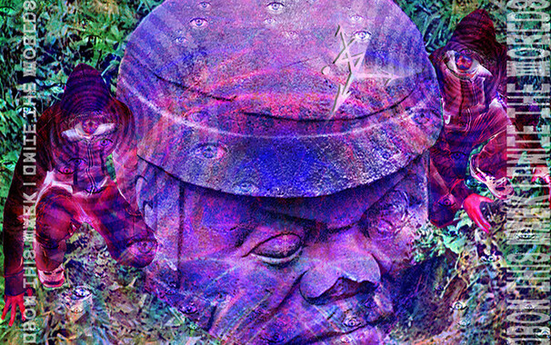 Two red violet figures kneel to either side of an unearthed colossal Olmec head.  Both figures are wearing dark hoodies and jeans. Instead of faces they each have a single large eye.  The eyes are surrounded by transparent concentric circles as though they are transmitting.

The colossal Olmec head is mainly a dark lilac color but has pink and royal blue variations throughout.  Emblazoned on its forehead is LS, the linking sigil.  In the air between the viewer and the head float a swarm of small transparent disembodied eyes.  In the background and all around the figures and the head is pale green jungle vegetation.  In the foreground, closer than the small eyes, float several transparent columns of words.  The words are disorted and unintelligible.