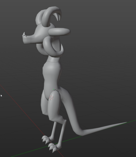 A screenshot from the 3D modeling program, Blender. The screenshot features a work-in-progress model of a bipedal Dragon. The model has six horns, two legs, and a tail. The model is using the shade smooth render setting from Blender.