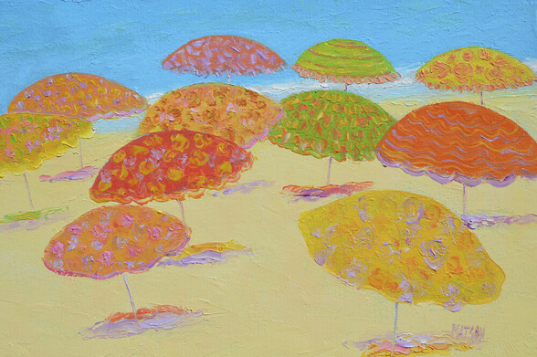 An impressionist beach painting with colourful umbrellas in autumn tones against a turquoise ocean