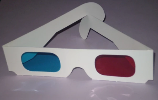 Cardboard spectacles with one blue filter, and one red, for viewing anaglyph 3D images.