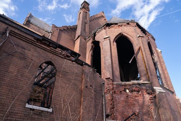 The former St. Augustine Catholic Church, 3114 Lismore Street, burned in December 2022. The building had already been badly damaged and was being used by the unhoused.   Photo by Jordan Opp, jopp@post-dispatch.com