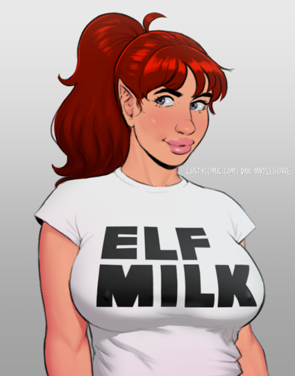 Lusty the Elf is wearing a simple white t-shirt with the words "ELF MILK" conspicuously emblazoned across her prodigious bust. Keen-eyed viewers may note she is not wearing undergarments.