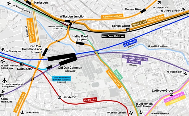 Map of the Old Oak Common HS2 station, surrounded by other train lines.